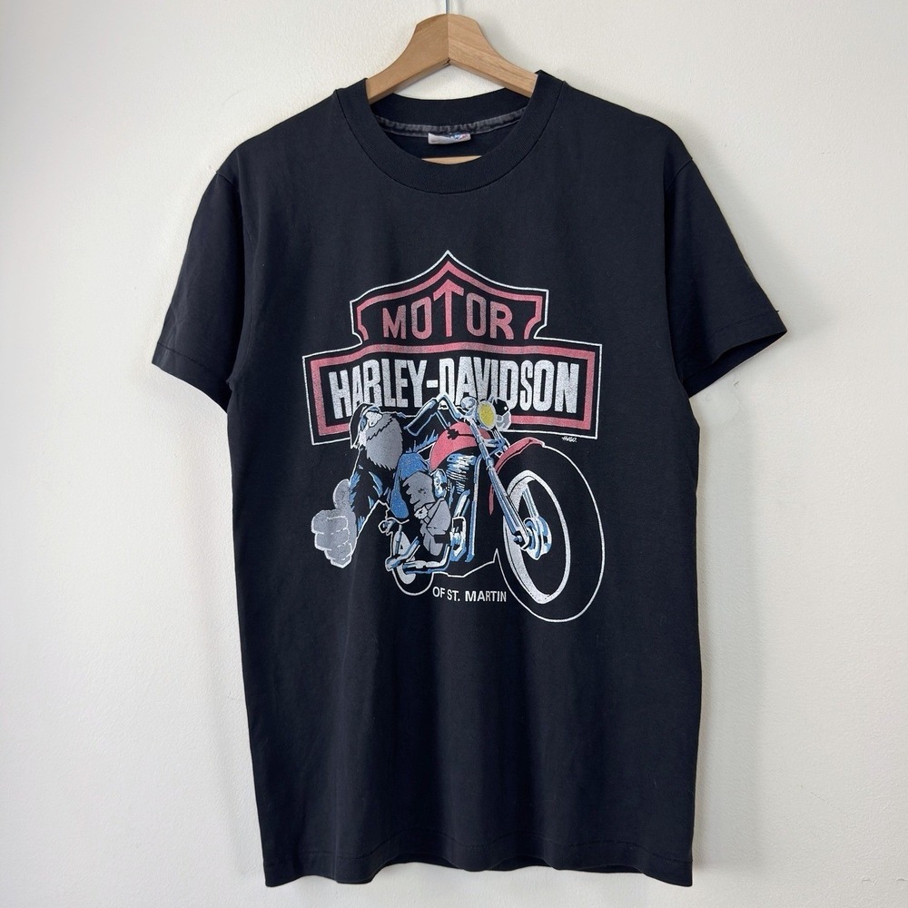 Vintage 90's Harley Davidson Biker Super Bikes St Martin Black Tee Shirt Medium